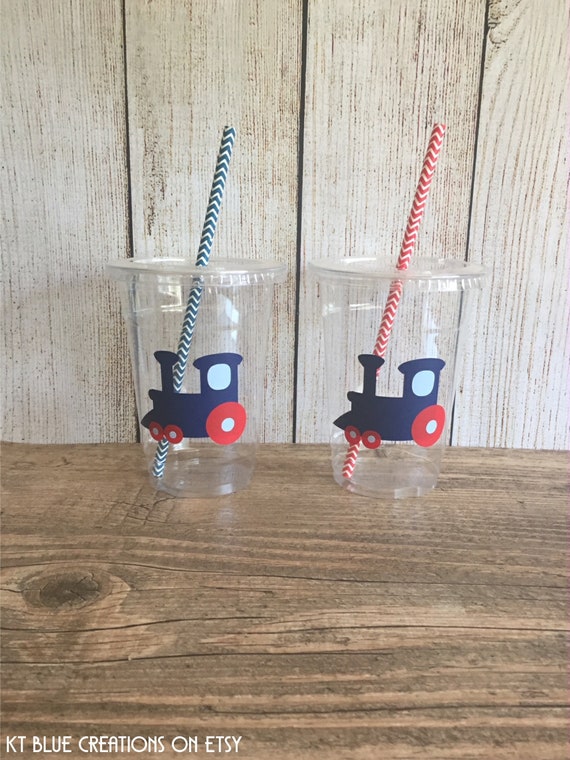 Train Party Cups - Red, Navy & Light Blue - Disposable Plastic Cups w/Lids and Straws - 16oz. - Train Birthday - Choose Quantity, 24-50 Il_570xn