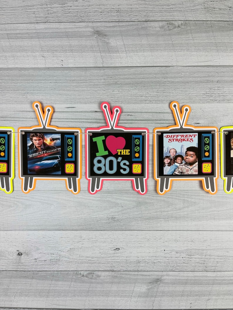 May include: A colorful banner with a retro television theme. The banner features images from popular 1980s television shows, including "Knight Rider", "I Love the 80's", and "Different Strokes".