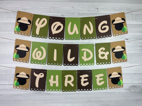 Safari Mickey Birthday Banner - Young Wild & Three - Safari Mickey Party - Mickey Jungle Birthday - Wild One - Two Wild - Safari Age Banner Il_570xn