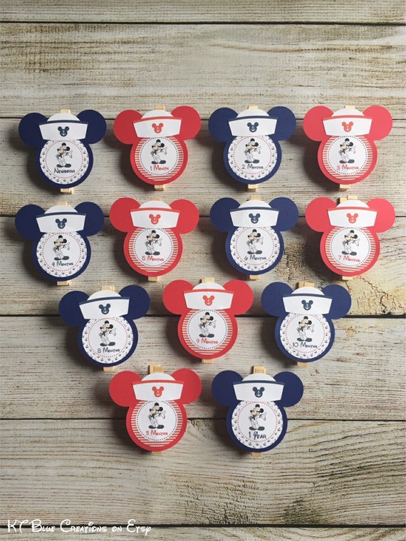 Mickey Mouse Sailor First Year Photo Clips - Nautical Mickey Theme - First Year Banner - 1st Birthday Banner - Red & Navy - Photo Banner Il_570xn