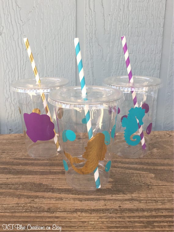Mermaid Party Cups - Under the Sea - Disposable Plastic Cups w/Lids+Straws - 16oz.- Mermaid Party - Choose Quantity, 24-50 cups Il_570xn