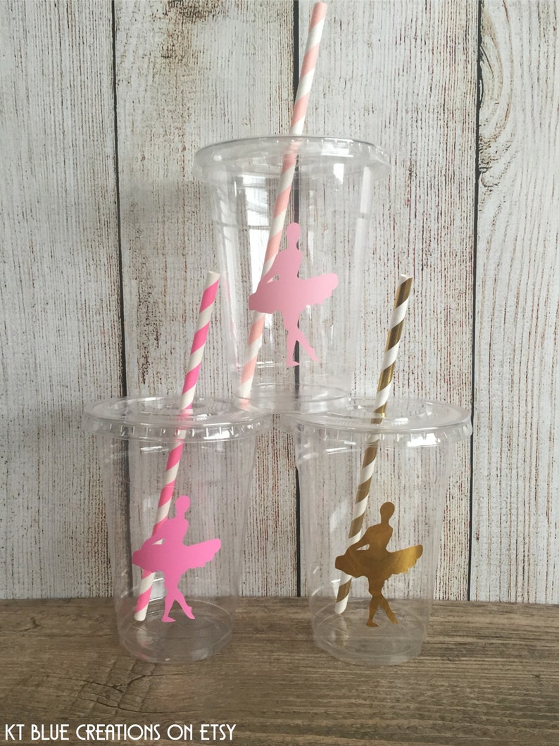 Ballerina Party Cups Ballerina Birthday Pink/Gold Ballerina Disposable Cups w/LidsStraws 16oz. Ballet Party Choose Qty, 24-50 pcs image 2