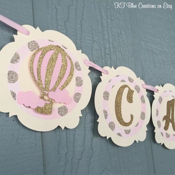 Hot Air Balloon NAME Banner - Pink/Gold Banner - Up, Up & Away Party - Hot Air Balloon Birthday - Pink/Gold/Ivory - Hot Air Balloon Party Il_570xn