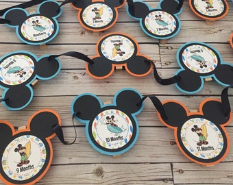 SURFER Mickey First Year Banner - Mickey Surfer 1st Birthday - Beach Party Mickey - Photo Banner - First Year Photo Clips - 1st Birthday