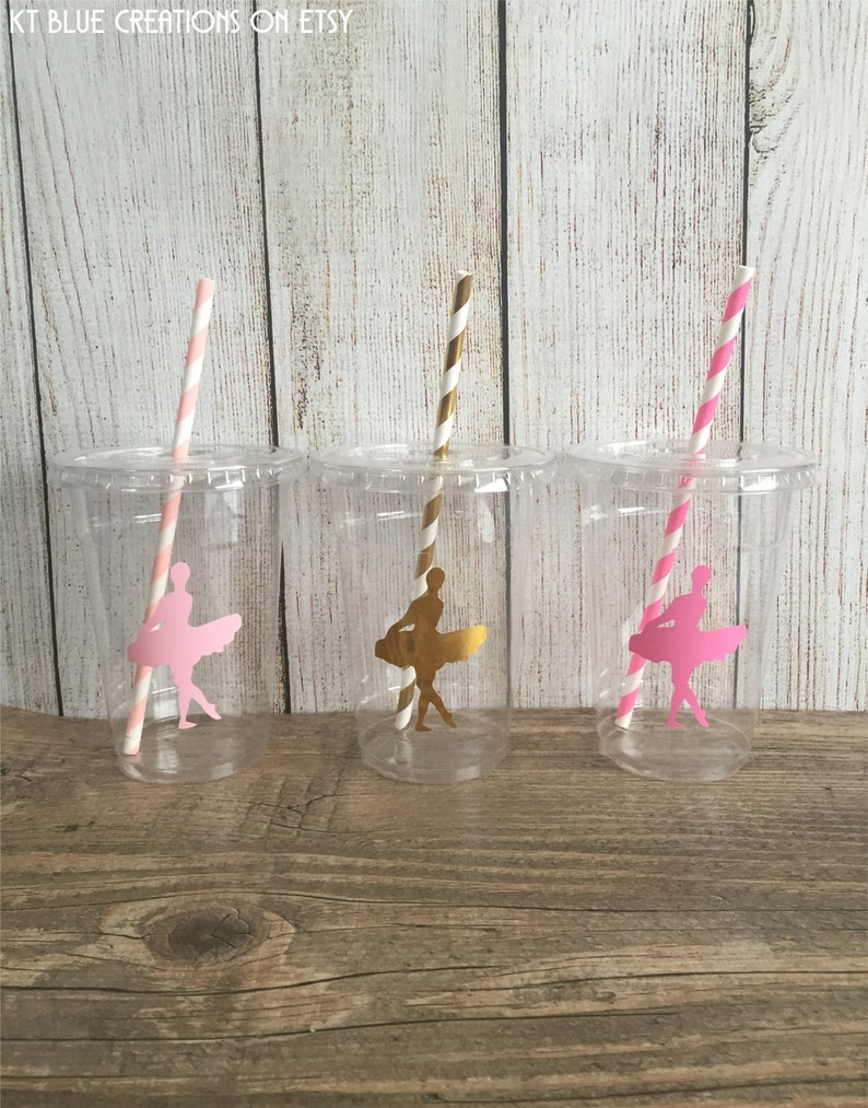 Ballerina Party Cups Ballerina Birthday Pink/Gold Ballerina Disposable Cups w/LidsStraws 16oz. Ballet Party Choose Qty, 24-50 pcs image 1