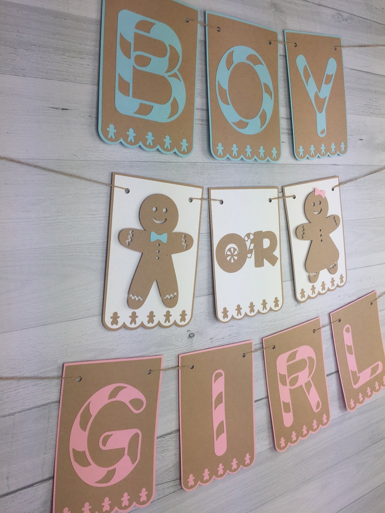 GINGERBREAD Boy or Girl Banner Christmas Baby Shower Gingerbread Gender Reveal Winter Gender Reveal Baby Shower Banner He or She Party image 2