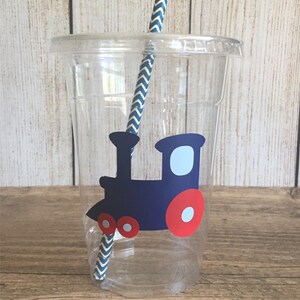 Train Party Cups Red, Navy & Light Blue Disposable Plastic Cups w/Lids and Straws 16oz. Train Birthday Choose Quantity, 24-50 image 6