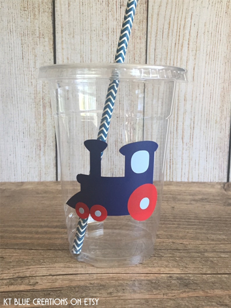 Train Party Cups Red, Navy & Light Blue Disposable Plastic Cups w/Lids and Straws 16oz. Train Birthday Choose Quantity, 24-50 image 6