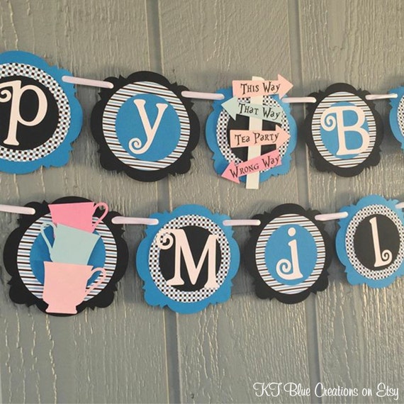 Tea Party Birthday Banner - Alice In Wonderland Birthday - Wonderland Party - Tea Party Decor - Personalized Banner - Turquoise/Black/Pink Il_570xn