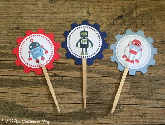 12 Robot Cupcake Toppers - Robot Birthday - Gears & Cogs - Robot Party Decor - Baby Shower - Cupcake Picks, Food Picks - 1st Birthday Decor Il_570xn