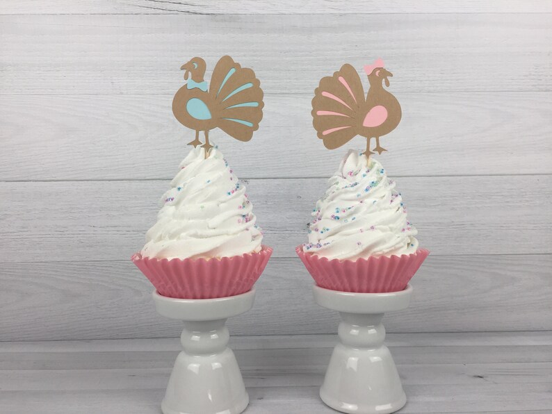 Turkey Cupcake Toppers - Turkey Gender Reveal - Turkey Baby Shower - Boy or Girl Turkey Toppers - Fall 1st Birthday - Little Turkey Birthday image 3