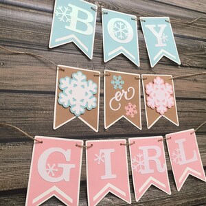 May include: A banner with the words "BOY or GIRL" in white letters on blue, brown, and pink pennants. Each pennant has a snowflake design. The banner is strung on twine and set against a wooden background.