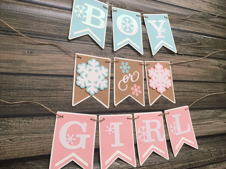 May include: A banner with the words "BOY or GIRL" in white letters on blue, brown, and pink pennants. Each pennant has a snowflake design. The banner is strung on twine and set against a wooden background.