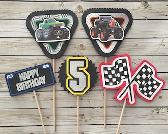 Colorful Monster Truck CENTERPIECES - Monster Truck Table Decor - DOUBLE-SIDED Centerpieces - Monster Truck Birthday -Personalized -set of 5