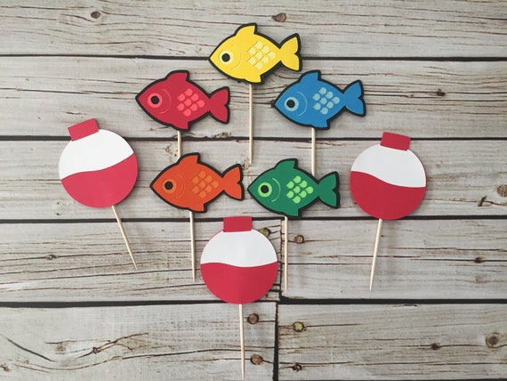 FISHING Cupcake Toppers - Rainbow Fish - Fishing Bobber Toppers - The Big One Birthday - Fishing 1st Birthday - Fishing Birthday - set of 12 Il_570xn