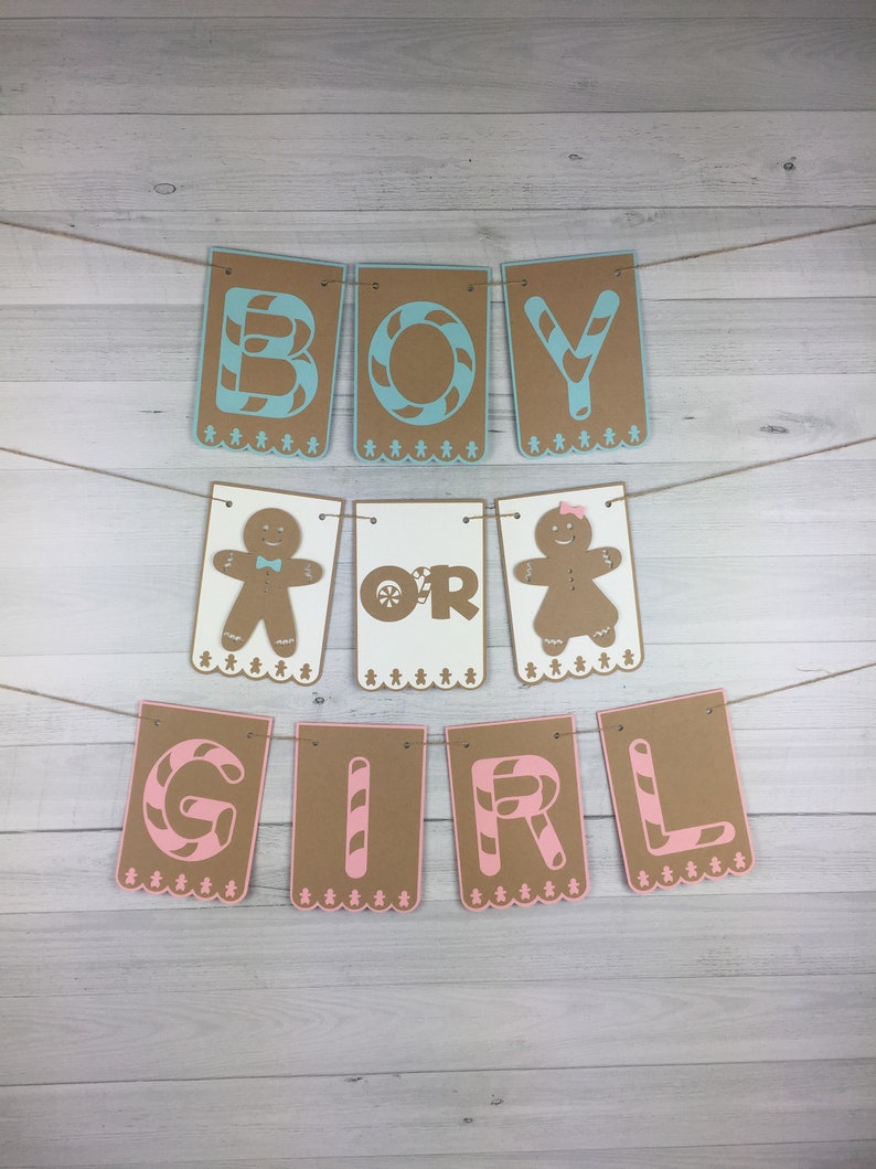 GINGERBREAD Boy or Girl Banner Christmas Baby Shower Gingerbread Gender Reveal Winter Gender Reveal Baby Shower Banner He or She Party image 3