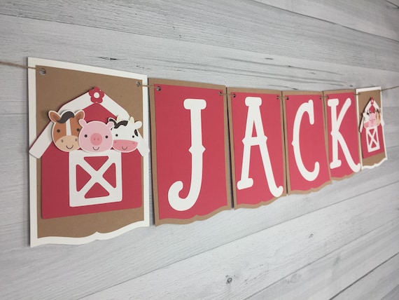Barn NAME Banner - Farm Birthday - Farm Animal Banner - Red Barn Banner - Choose Colors - Farm Animal Birthday -Farm Baby Shower Name Banner Il_570xn