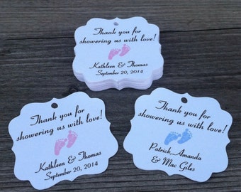 20 Personalized Baby Shower Tags, 1.75", Baby Feet Tags, Gender Reveal Parties, Favor Tags, Thank You Tags - Choose Your Color