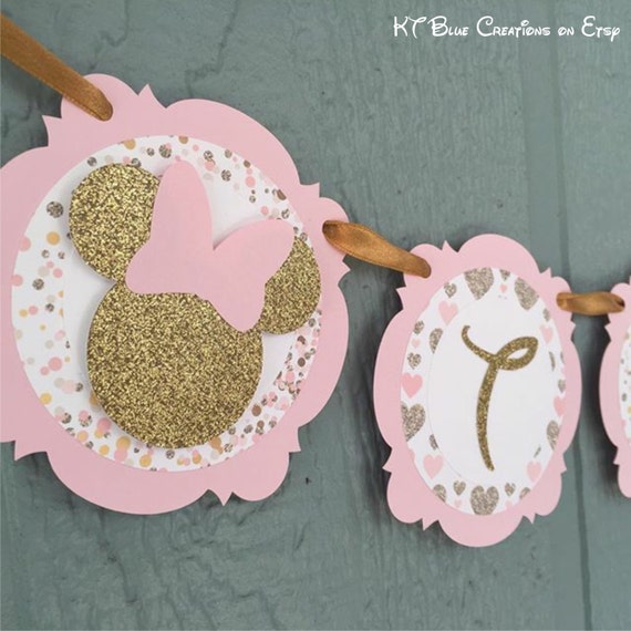 Gold GLITTER & Pale Pink Minnie Mouse Highchair Banner - Shabby Chic - "One" or "Two" banner - 1st or 2nd birthday - Minnie Mouse banner Il_570xn
