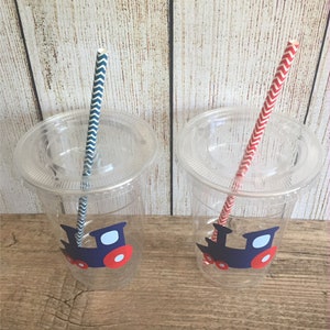 Train Party Cups Red, Navy & Light Blue Disposable Plastic Cups w/Lids and Straws 16oz. Train Birthday Choose Quantity, 24-50 image 2