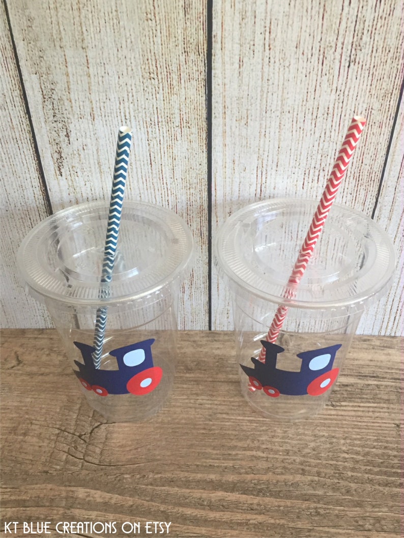 Train Party Cups Red, Navy & Light Blue Disposable Plastic Cups w/Lids and Straws 16oz. Train Birthday Choose Quantity, 24-50 image 2