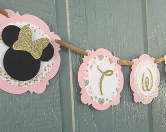 Gold GLITTER & Pale Pink Minnie Mouse Highchair Banner - Shabby Chic - "One" or "Two" banner - 1st or 2nd birthday - Minnie Mouse banner