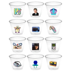 May include: Nine clear plastic cups with various 90s themed images printed on them. The images include a cassette tape, a Game Boy, a ring pop, a fanny pack, a Tamagotchi, a  'Thighmaster' exercise device, a  'Vanilla Ice' album cover, a  'New Kids on the Block' album cover, a  'MTV' logo, and a  'Polaroid' camera.