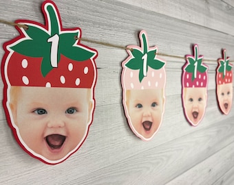 Strawberry Birthday Custom Face Garland - Berry 1st Birthday - Face Banner- Strawberry Party Hat - Strawberry Party - Photo Face Banner