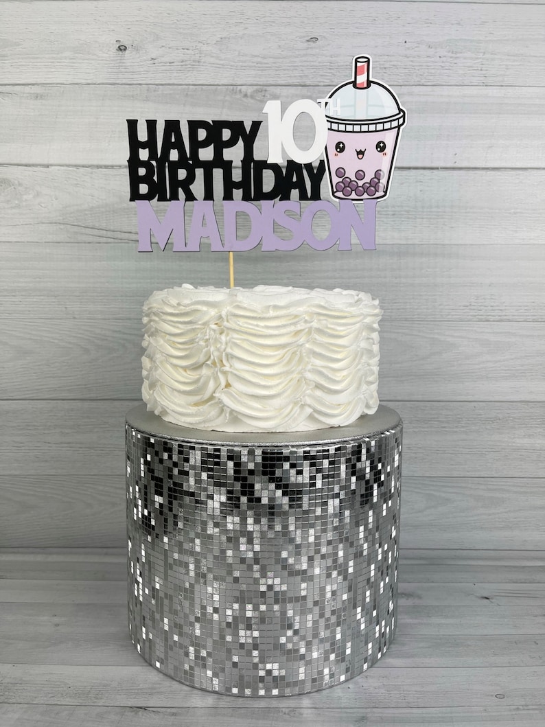 Bubble Tea Birthday Cake Topper with Name & Age Boba Tea Birthday Bubble Tea Cake Topper Birthday Cake Topper Kawaii Bubble Tea Decor image 2