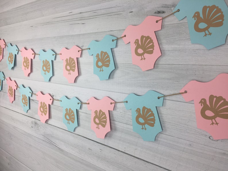 May include: A gender neutral baby shower banner with alternating blue and pink baby onesies with gold turkey silhouettes.
