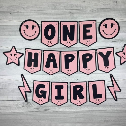 Smiley Face Girl Birthday Banner - One Happy Girl Banner - Happy Chick Party - Happy One - Two Happy - Bannière personnalisée - Happy Girl Birthday