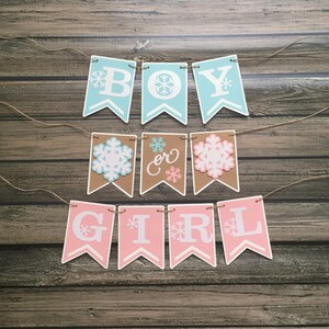 May include: A banner with pennants spelling "BOY or GIRL" in white letters. The "BOY" pennants are light blue, the "or" pennants are brown, and the "GIRL" pennants are pink. Each pennant has a snowflake design.