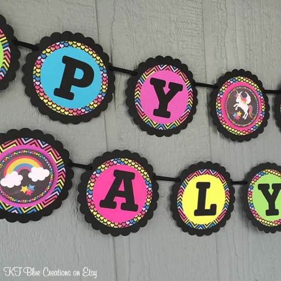 Unicorn Rainbow Birthday Banner - Personalized with Name - Bright Colors - Neon Rainbow - Chalkboard-style print - Birthdays, Showers Il_570xn