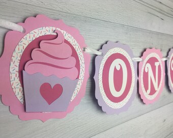 Cupcake HIGHCHAIR Banner - Cupcake Party - Cupcake Age Banner - Sweet One Birthday - High Chair Banner - Choose Colors - Cupcake Party Decor