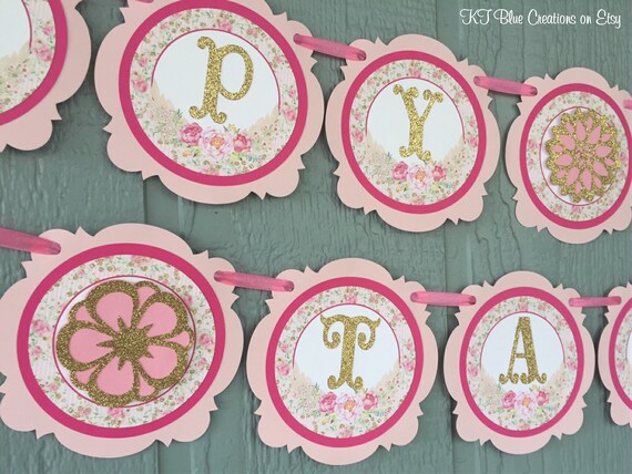 Floral Birthday Banner - Personalized Banner - Birthday Decorations - Pink/Gold Birthday - Shabby Chic Floral Banner -Vintage Birthday Decor Il_570xn
