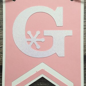 May include: Pink banner with a white glittery letter "G" and a snowflake-like design. The banner has a white border and a chevron design at the bottom. A twine string is attached at the top for hanging.