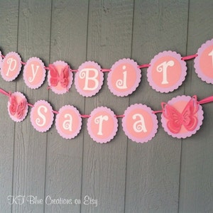 Butterfly Birthday Banner Personalized Shades of Pink, Lavender & White image 1