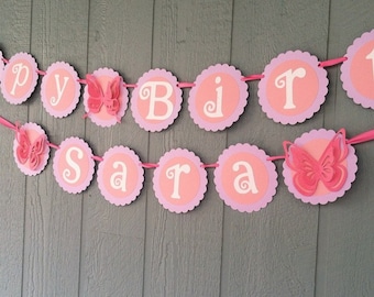 Butterfly Birthday Banner - Personalized - Shades of Pink, Lavender & White