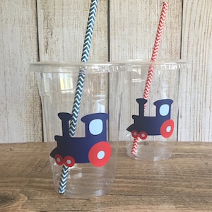 Train Party Cups Red, Navy & Light Blue Disposable Plastic Cups w/Lids and Straws 16oz. Train Birthday Choose Quantity, 24-50 image 7