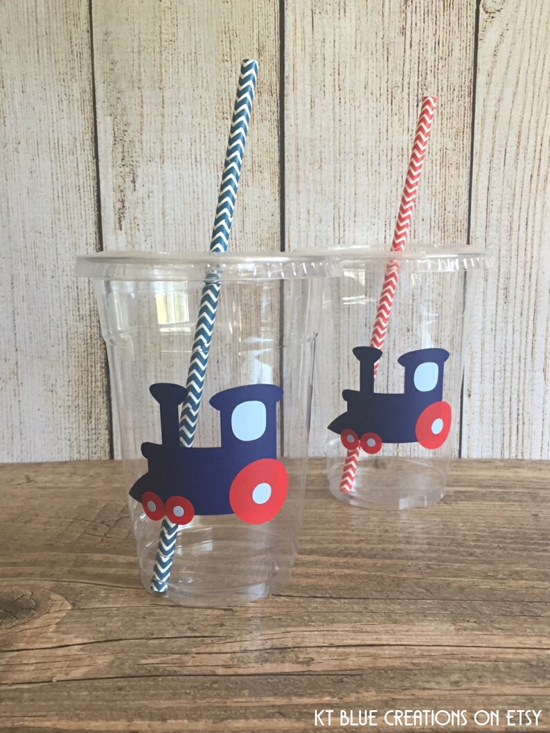 Train Party Cups Red, Navy & Light Blue Disposable Plastic Cups w/Lids and Straws 16oz. Train Birthday Choose Quantity, 24-50 image 7