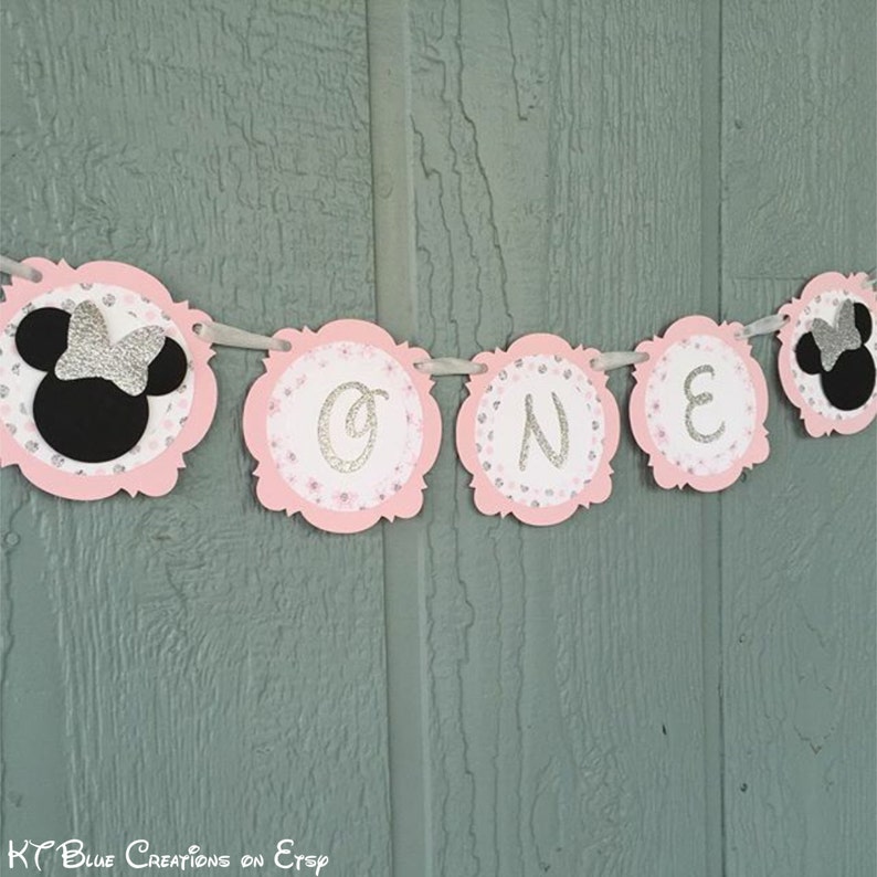 Minnie Mouse banner One or Two banner 1st or 2nd birthday Shabby Chic Silver GLITTER /& Pale Pink Minnie Mouse Highchair Banner