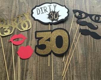 GOLD Glitter DIRTY 30 Photo Props - set of 8 - Gold/Black/Red - 30th Birthday Props, Photobooth, Birthday Props, Milestone Birthday