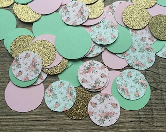 Light Pink/Mint/Gold Shabby Chic Confetti Mix - Gold Glitter, Light Pink/Mint Floral Prints & Solid Colors - Table Confetti, Party Decor