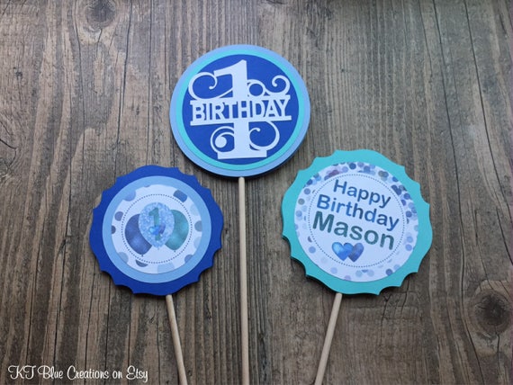 Blue Birthday Centerpieces - Set of 3 - DOUBLE-SIDED - Shades of Blue - Blue Confetti prints - Boy Birthday - 1st Birthday - Ball Birthday Il_570xn