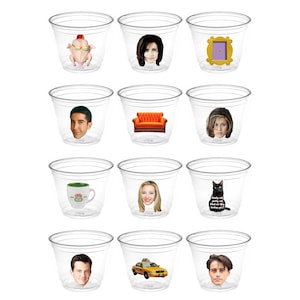 May include: Twelve clear plastic cups with various images from the TV show Friends. The images include the characters Rachel, Monica, Phoebe, Joey, Chandler, Ross, the iconic orange couch, a turkey with a fez, a purple door, a cat, a coffee mug, and a yellow taxi cab.