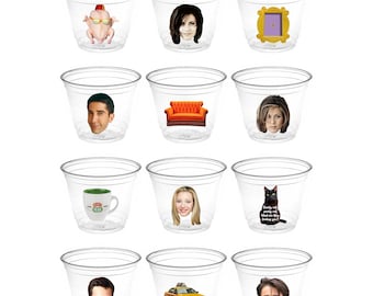 May include: Twelve clear plastic cups with various images from the TV show Friends. The images include the characters Rachel, Monica, Phoebe, Joey, Chandler, Ross, the iconic orange couch, a turkey with a fez, a purple door, a cat, a coffee mug, and a yellow taxi cab.