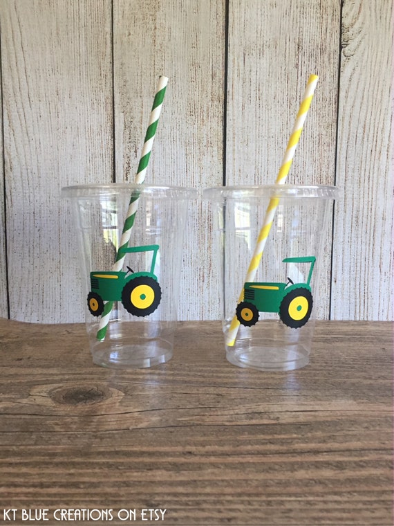 Tractor Party Cups - Green/Yellow/Black - Disposable Plastic Cups w/Lids and Straws - 16oz. - Tractor, Farm Party - Choose Quantity, 10-20 Il_570xn