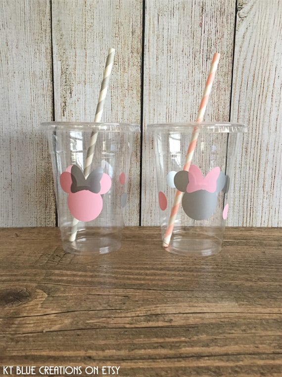 Minnie Party Cups - Light Pink & Silver - Disposable Plastic Cups w/Lids and Straws - 16oz. - Minnie Mouse Birthday - Choose Quantity 24-50 Il_570xn