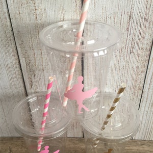 Ballerina Party Cups Ballerina Birthday Pink/Gold Ballerina Disposable Cups w/LidsStraws 16oz. Ballet Party Choose Qty, 24-50 pcs image 3