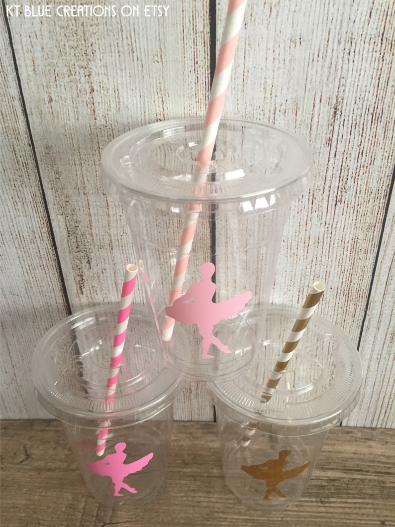 Ballerina Party Cups Ballerina Birthday Pink/Gold Ballerina Disposable Cups w/LidsStraws 16oz. Ballet Party Choose Qty, 24-50 pcs image 3